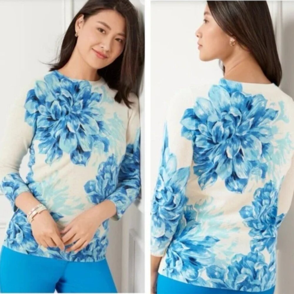 Talbots 100% Cashmere Sweater Audrey Pretty Peonies Blue NWT